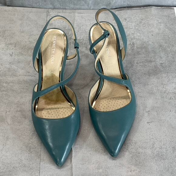 KENNETH COLE NEW YORK Women's Sea Green Leather Riley 85 Asymmetrical Pumps SZ 8 - Picture 4 of 7
